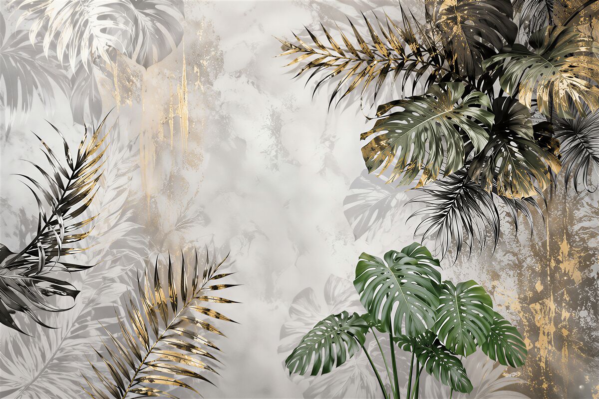 Fototapeten Monstera-Blätter und elegante beige-grüne Palmen
