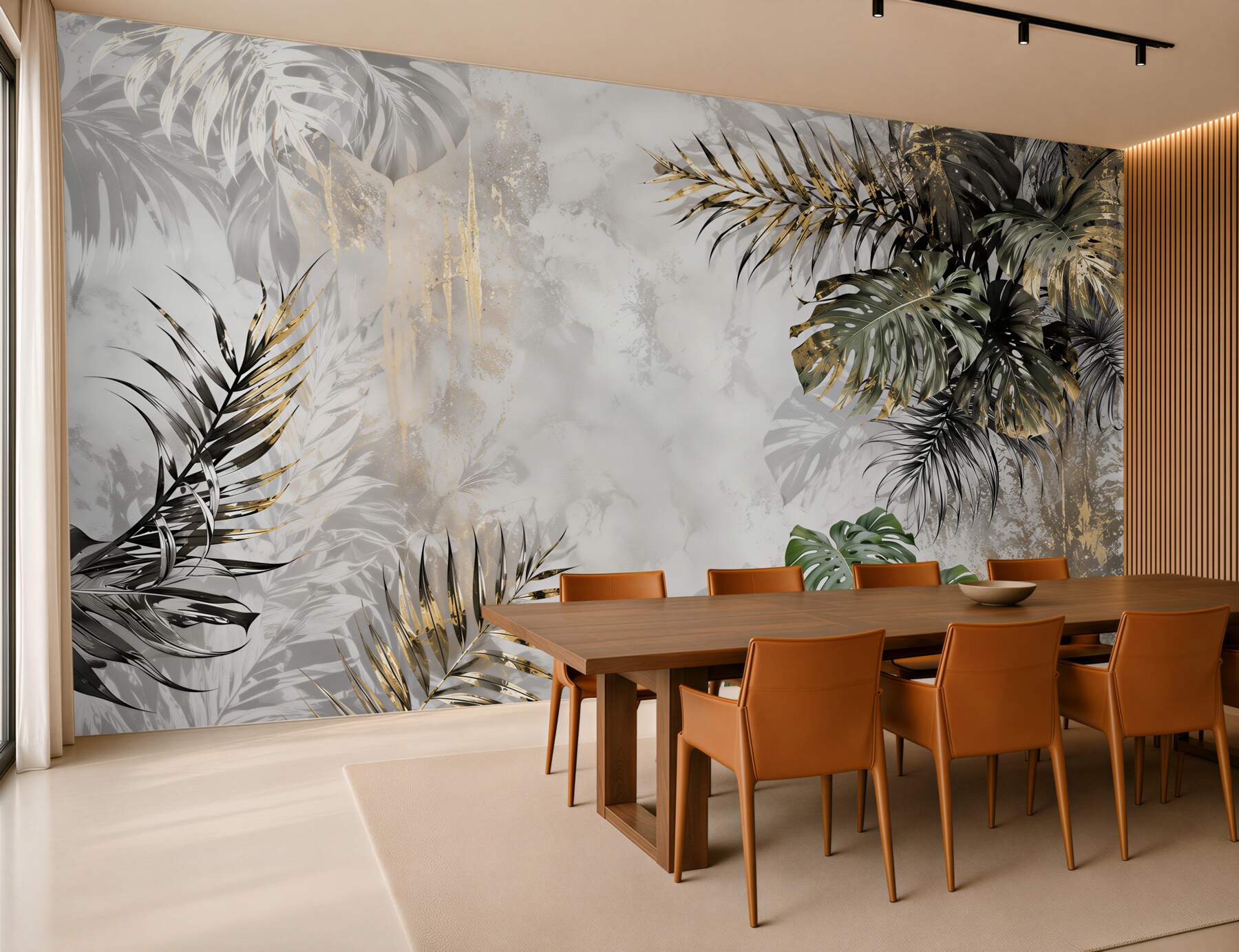 Fototapeten Monstera-Blätter und elegante beige-grüne Palmen