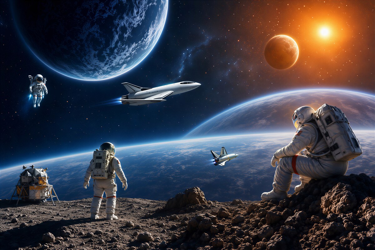 Fototapeten Kosmos mit Planeten und Wolken in Pastellfarben