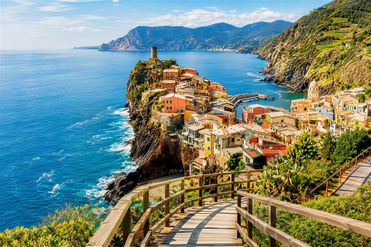Fototapeten italienisches Dorf am Meer mit Weg und Blumen bei Sonnenuntergang