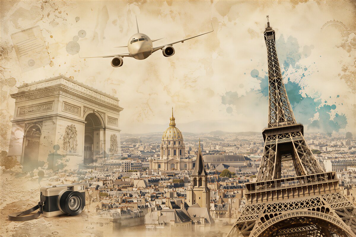 Fototapeten Paris mit dem Eiffelturm und Ballons in pastellfarbenen Wolken