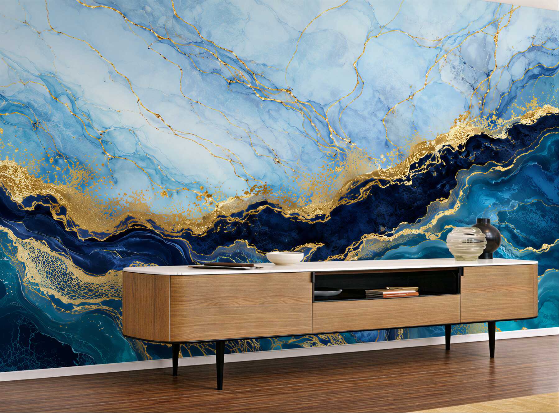 Fototapeten luxuriöser blau-goldener Marmor