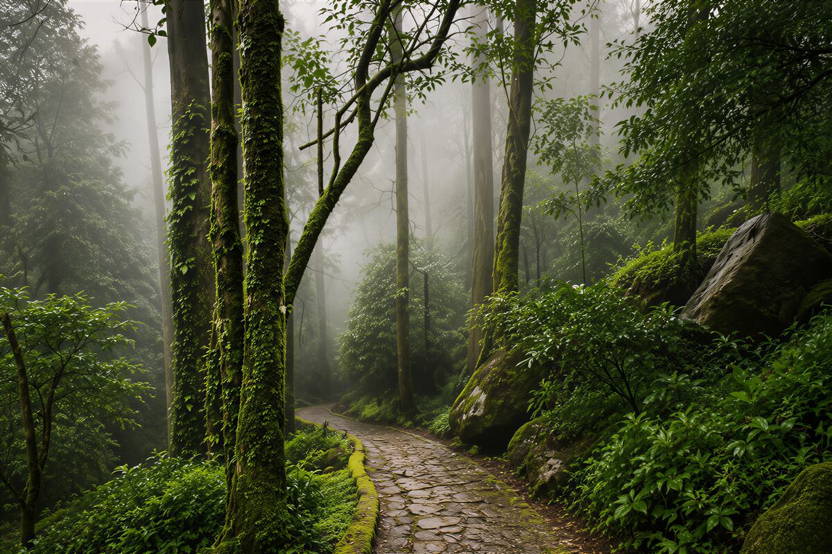 Fototapeten Weg durch den nebligen grünen Wald