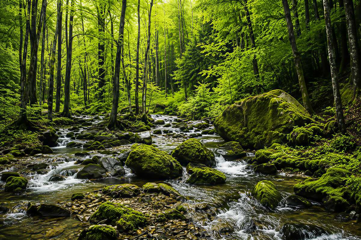 Fototapeten Bergwasserfall im grünen Wald