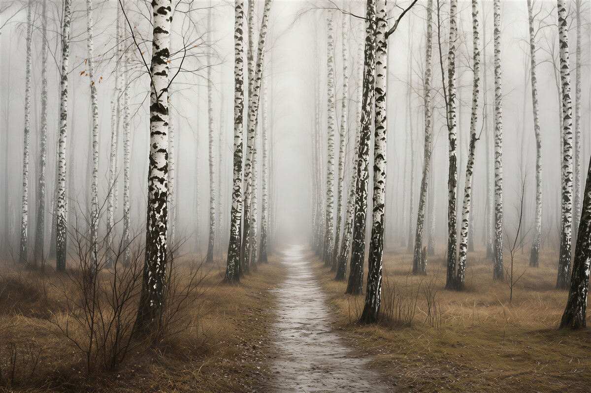 Fototapeten Weg durch den nebligen Birkenwald