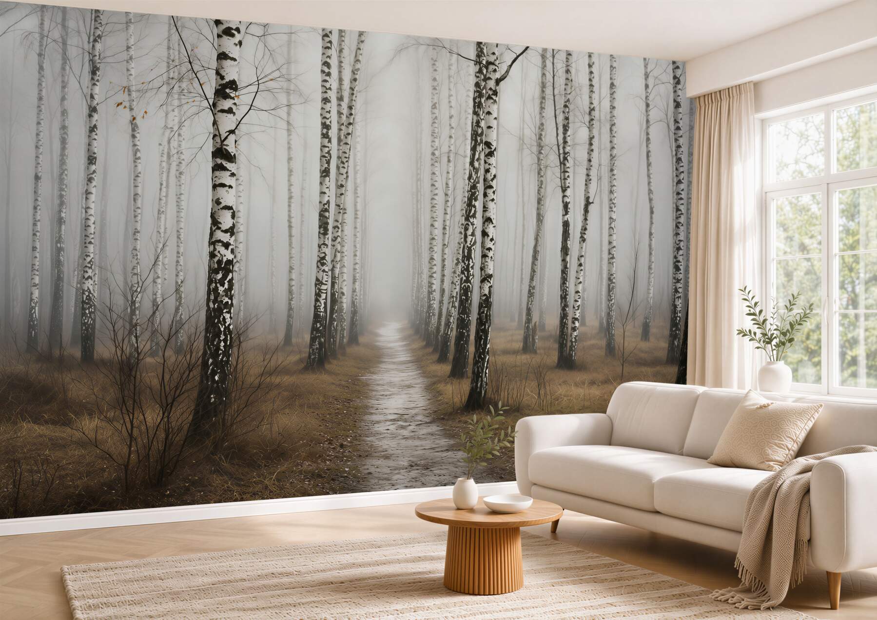 Fototapeten Weg durch den nebligen Birkenwald
