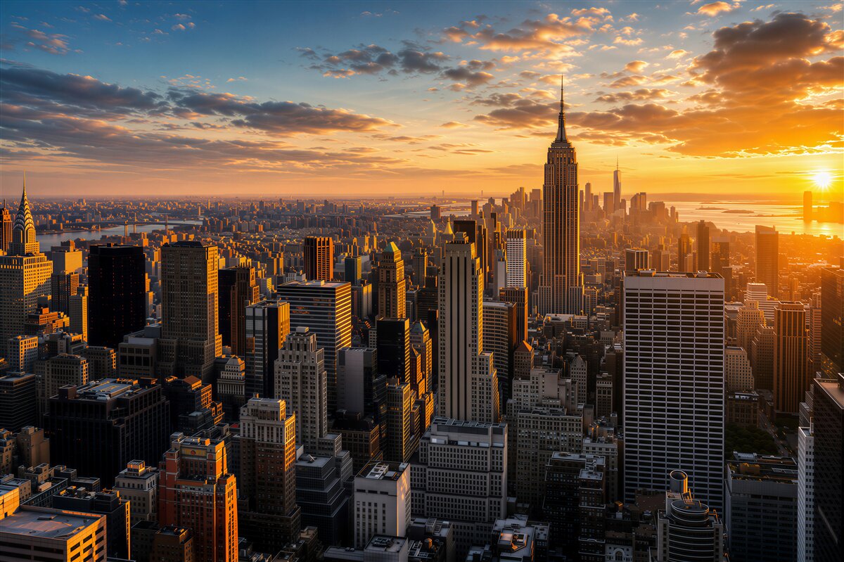 Fototapeten Wolkenkratzer von New York bei Sonnenuntergang