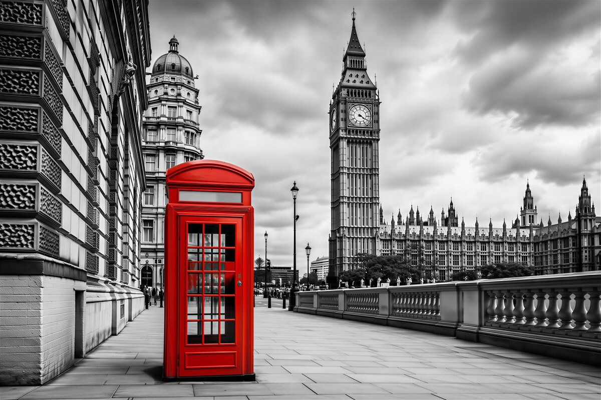 Fototapeten Rote Telefonzelle mit Big Ben im Hintergrund