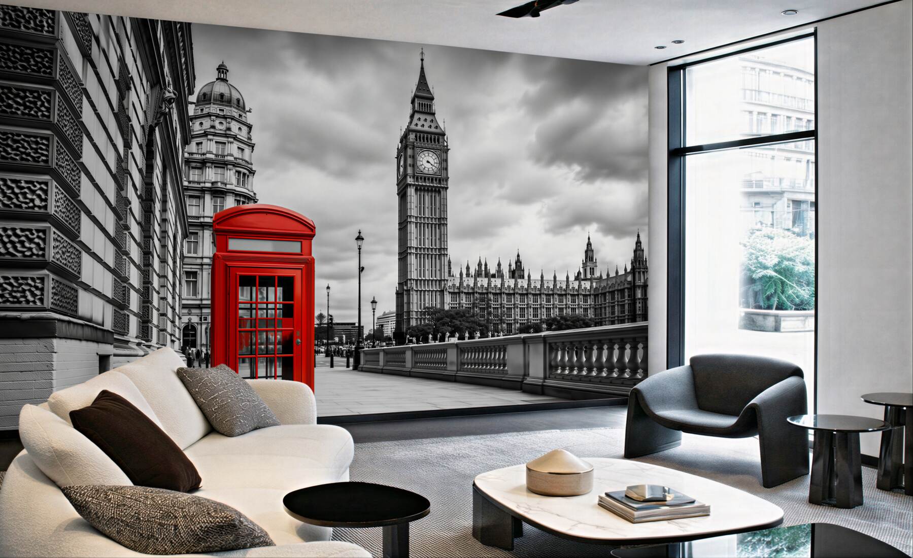 Fototapeten Rote Telefonzelle mit Big Ben im Hintergrund