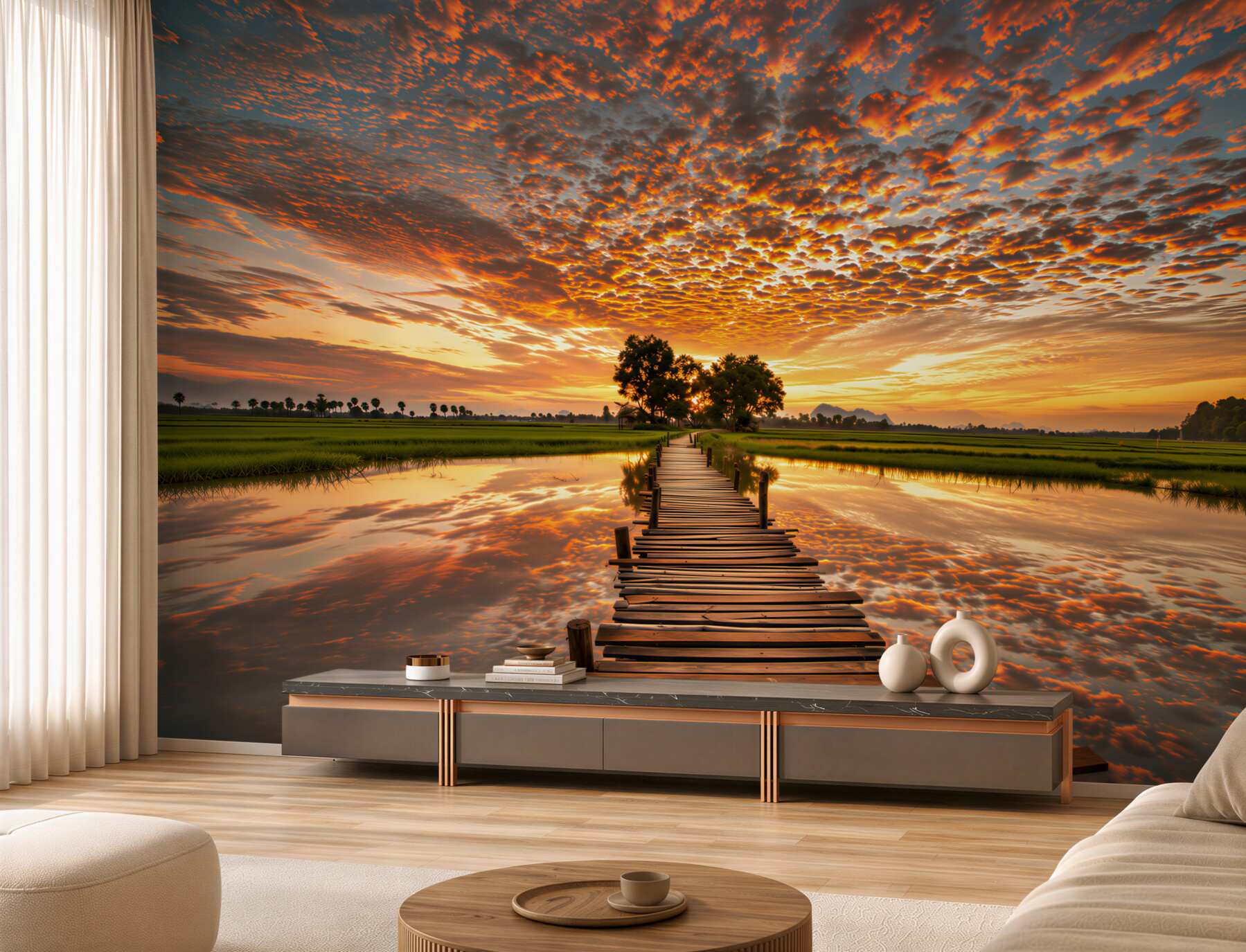 Fototapeten Holzsteg bei Sonnenuntergang am See