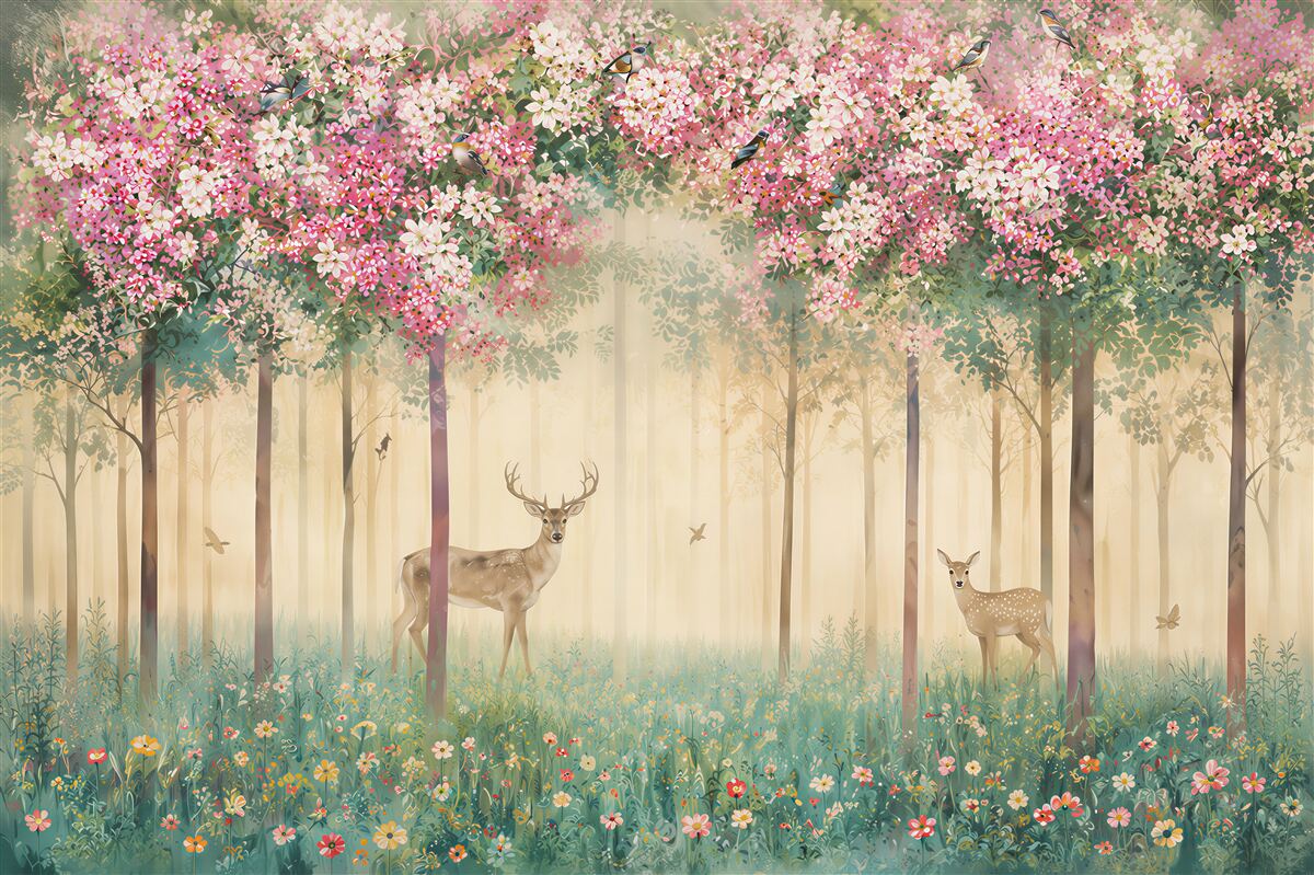 Fototapeten Rehe im Blumengarten
