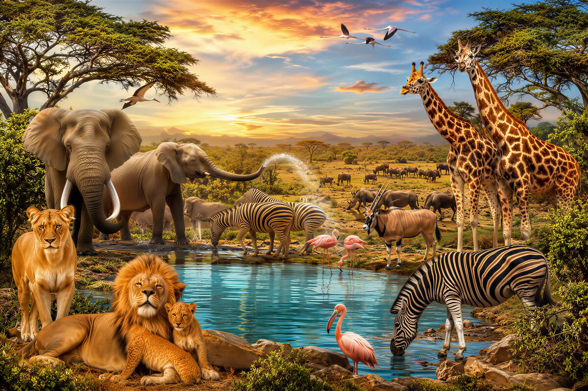 Fototapeten afrikanische Tiere am Wasserloch