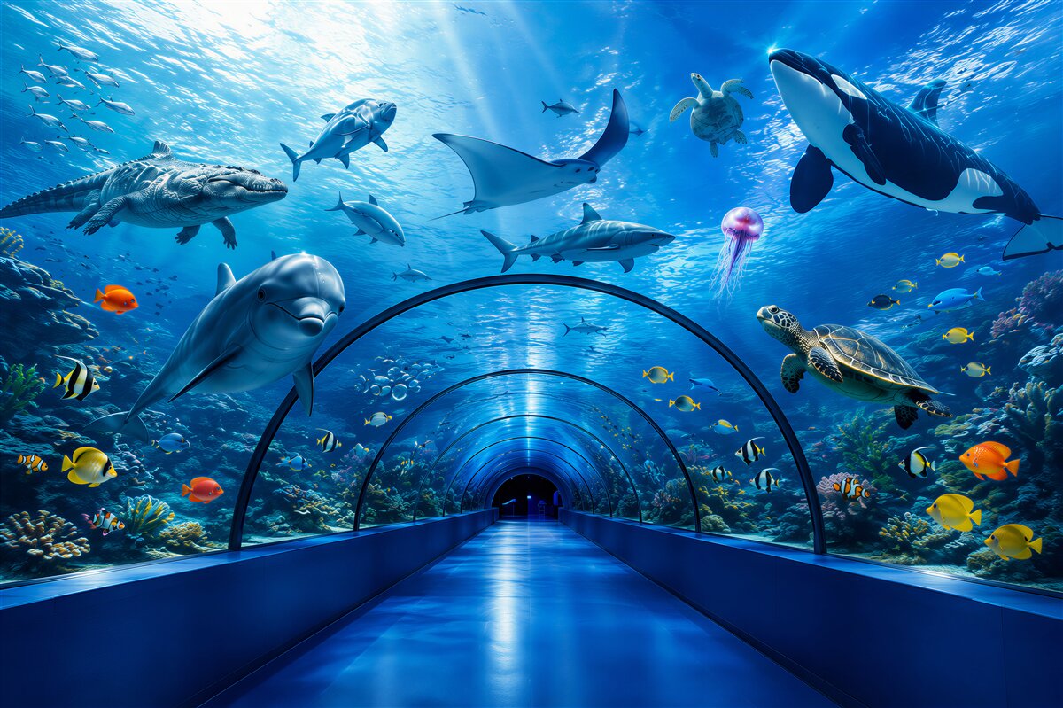 Fototapeten faszinierender Tunnel im Aquarium