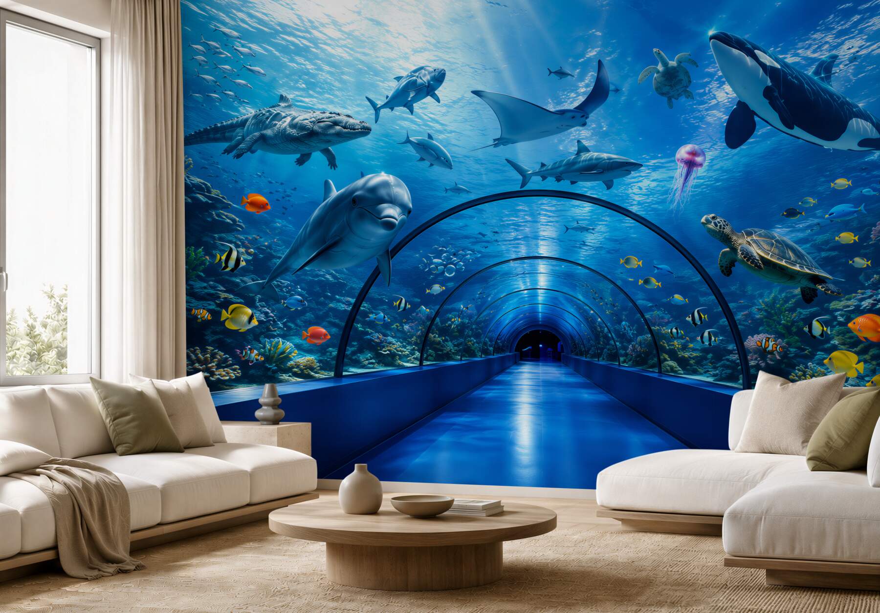 Fototapeten faszinierender Tunnel im Aquarium