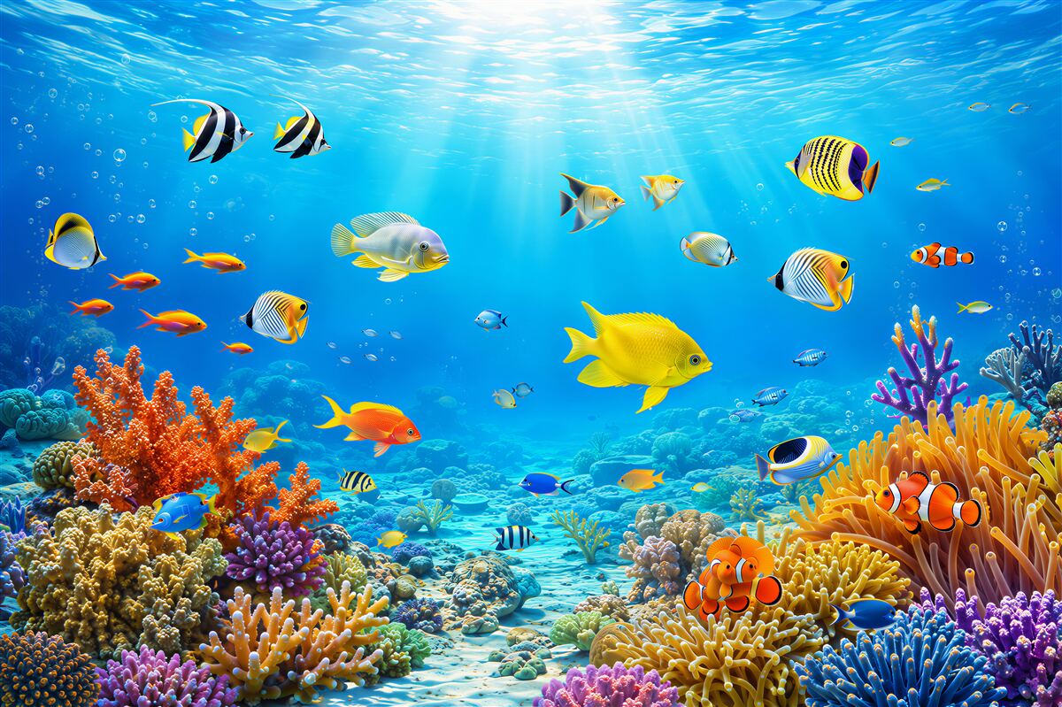 Fototapeten verschiedene Fische unter Wasser