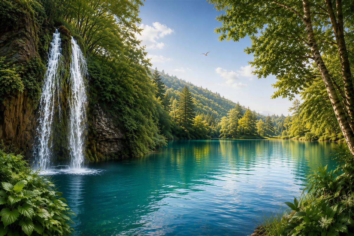 Fototapeten märchenhafte Natur rund um einen Wasserfall und einen See