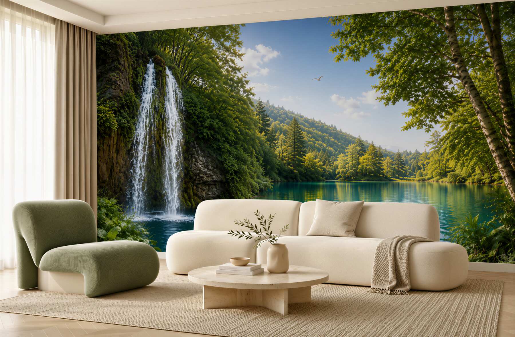 Fototapeten märchenhafte Natur rund um einen Wasserfall und einen See
