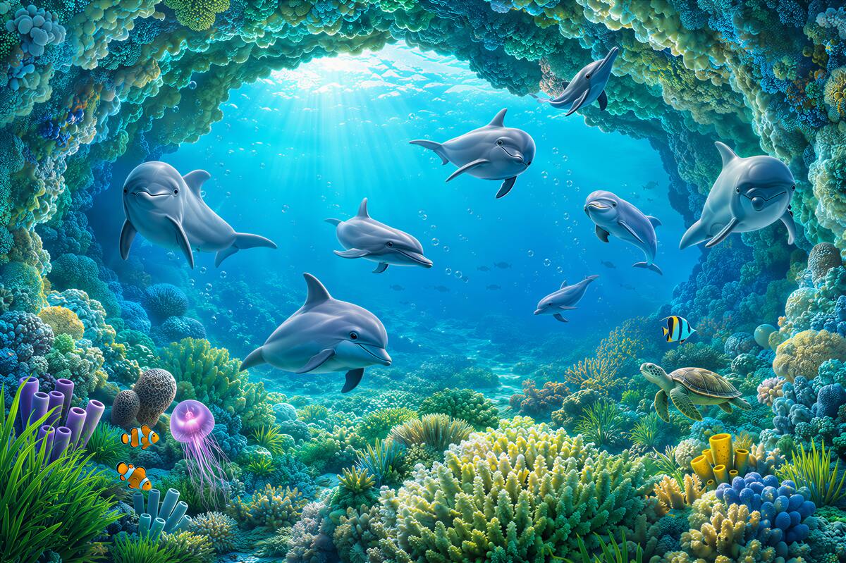Fototapeten Delfine in einer Unterwasserhöhle