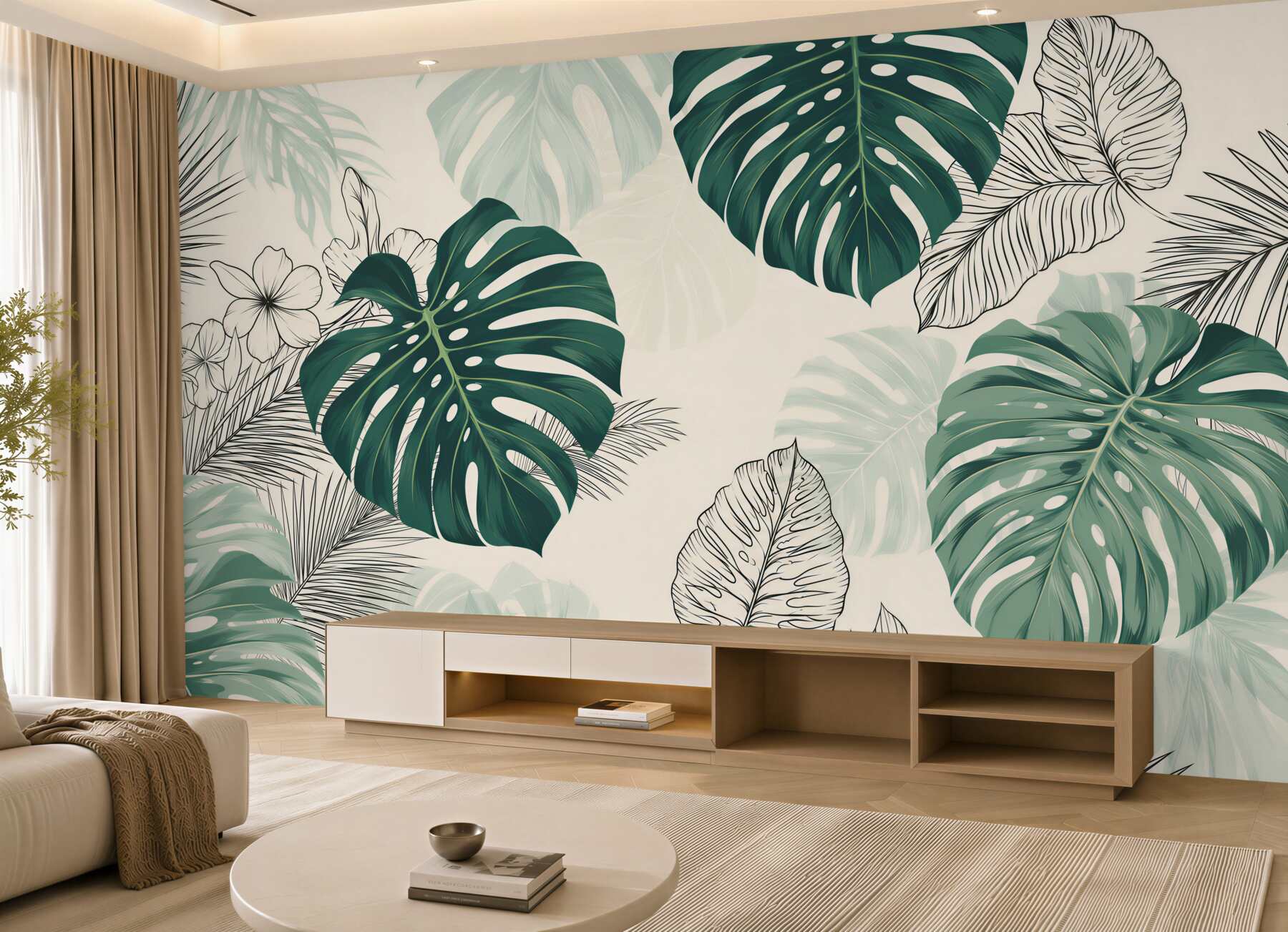 Fototapeten riesige Monstera-Blätter mit Texturen