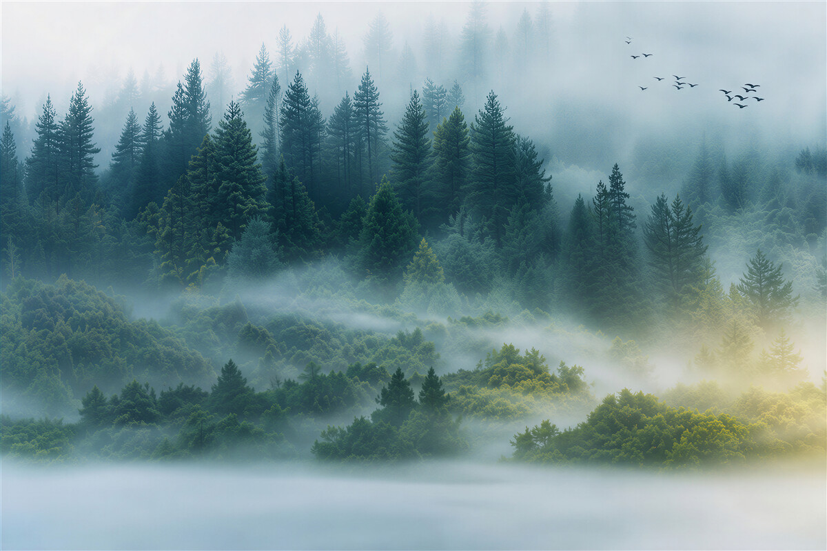 Fototapeten die schöne Stille des nebligen Waldes