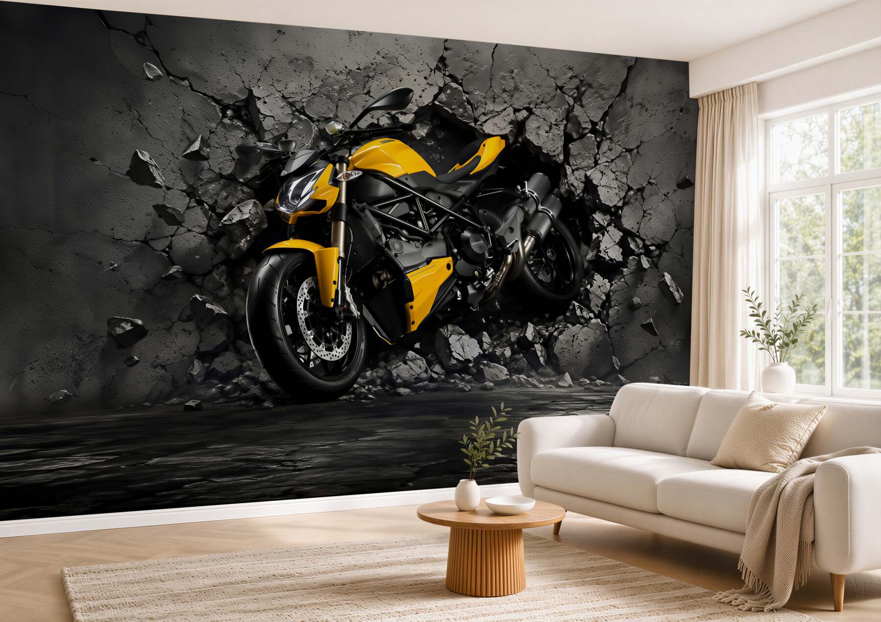 Fototapeten gelbes Motorrad auf Graffiti