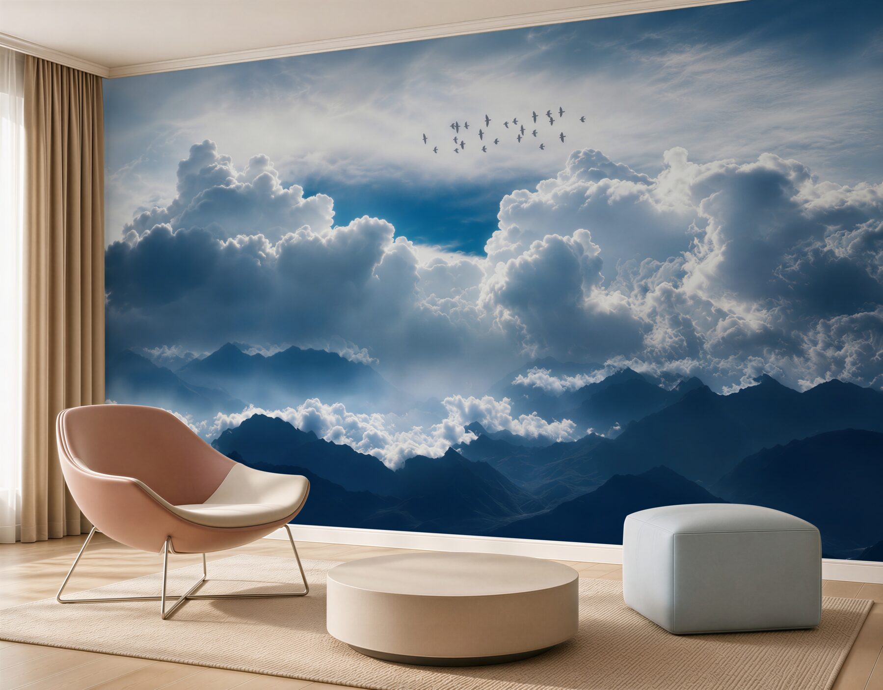 Fototapeten Vogelschwarm über dichten Wolken