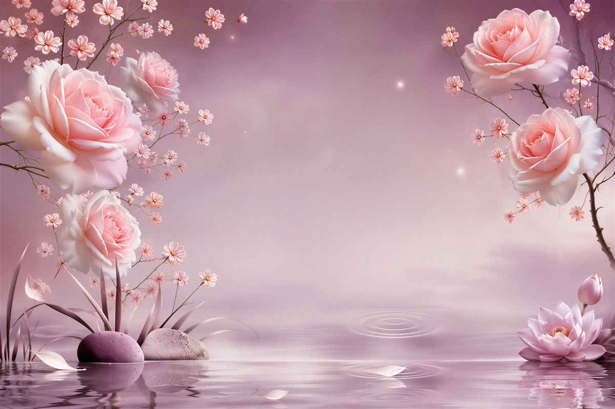 Fototapeten blühende Blumen über Wasser