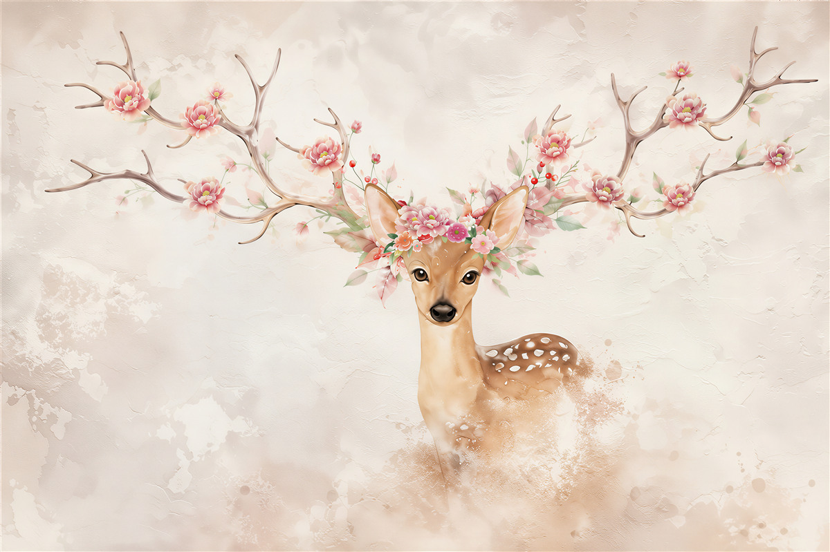 Fototapeten Hirsch mit Blumen auf den Geweihen