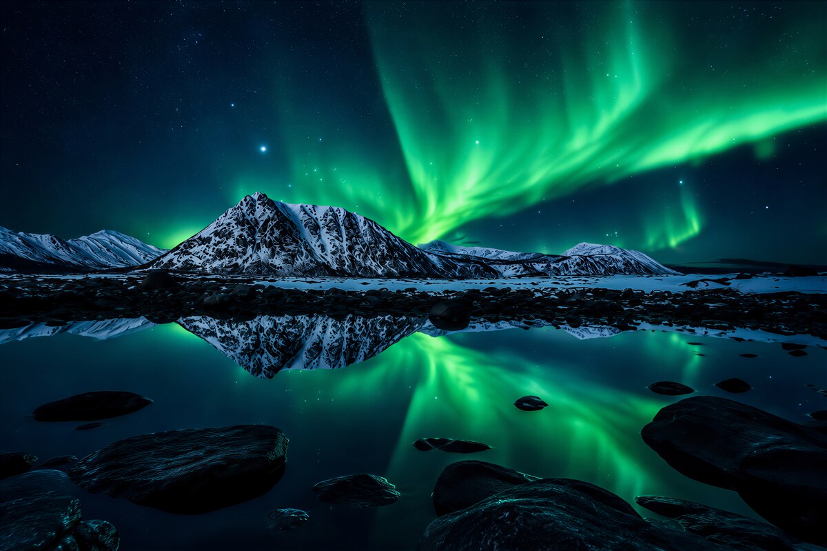 Fototapeten unglaubliche Nordlichter über dem Wasser