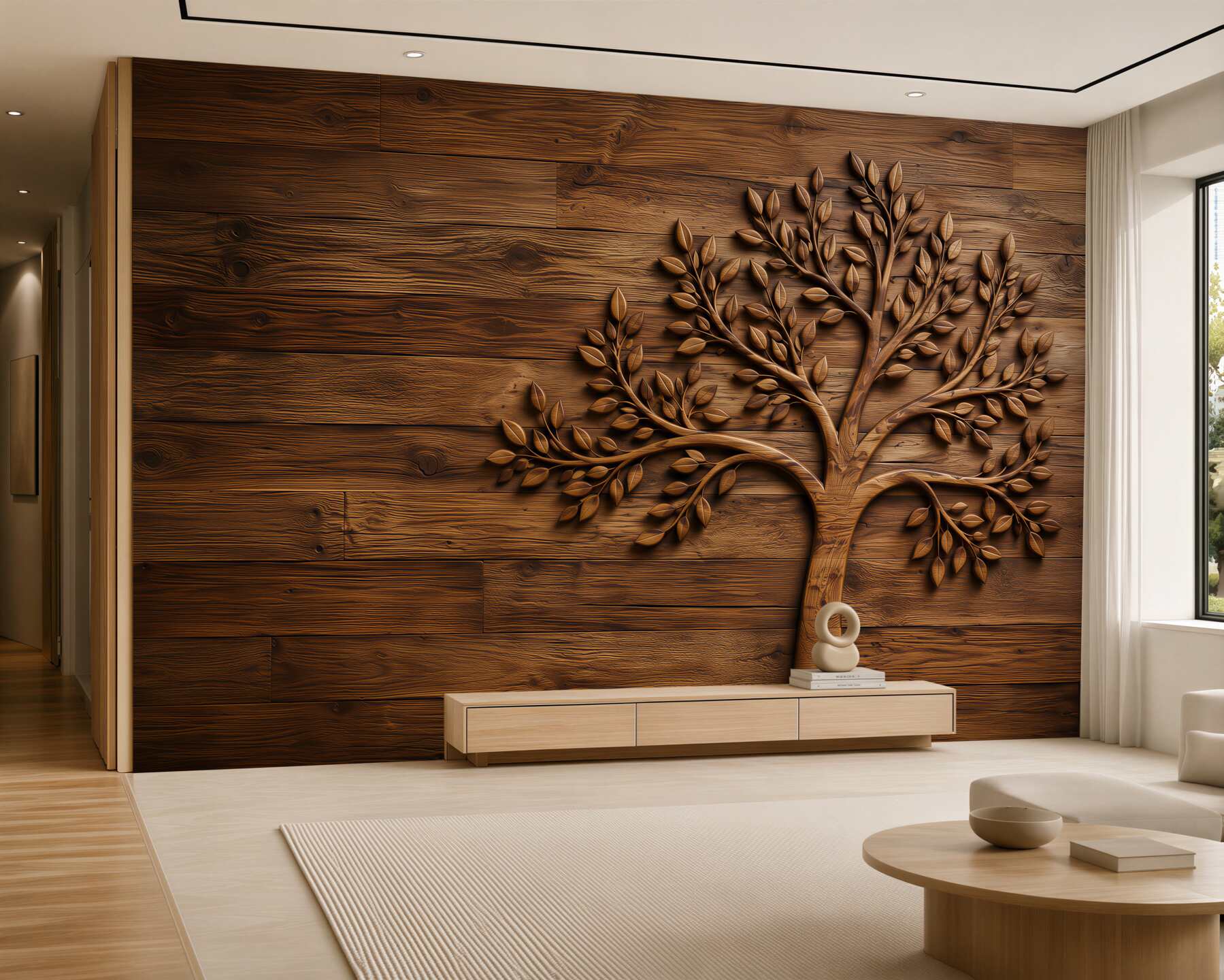 Fototapeten Baum mit Blättern auf Holz Hintergrund