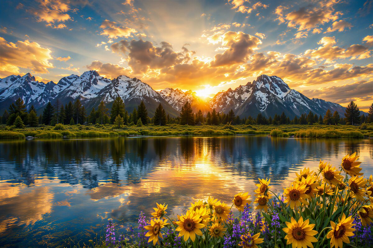 Fototapeten fantastischer Sonnenuntergang über einem Gebirgsfluss