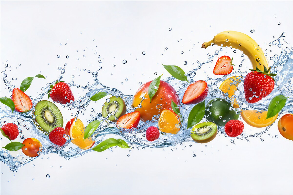 Fototapeten Früchte und Beeren in Wasserfontänen