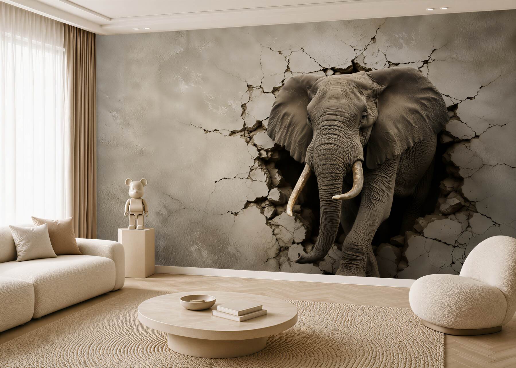 Fototapeten mächtiger Elefant durchbricht die graue Wand