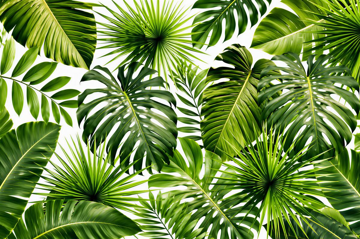 Fototapeten große Blätter von Monstera und Banane auf weißem Hintergrund