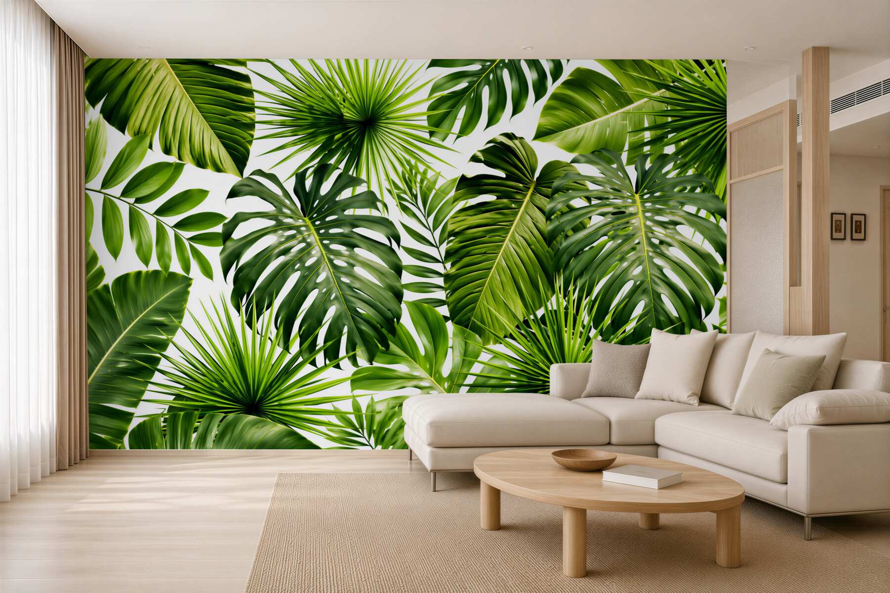 Fototapeten große Blätter von Monstera und Banane auf weißem Hintergrund