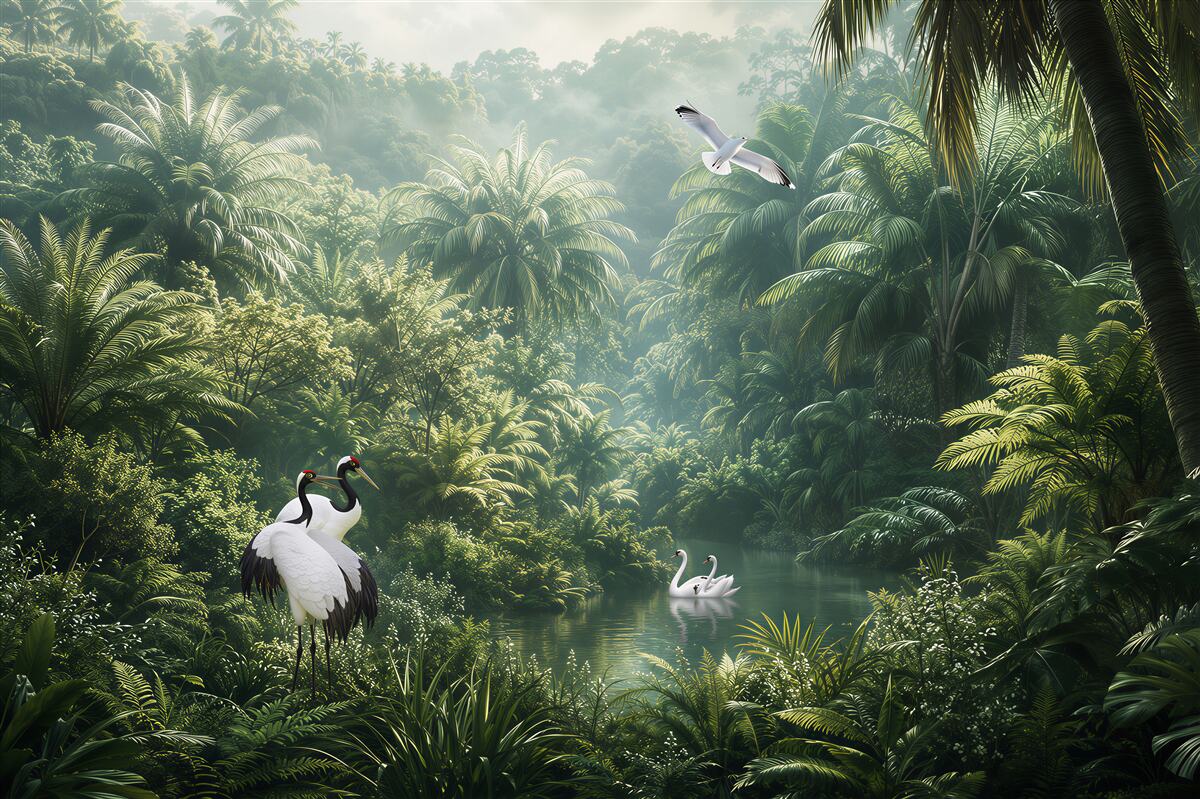 Fototapeten Üppige Dschungelvegetation und Vögel