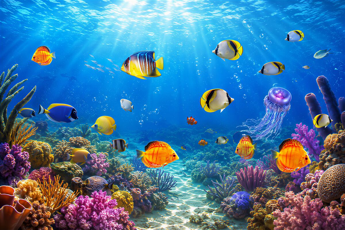 Fototapeten glänzende Fische im blauen Wasser