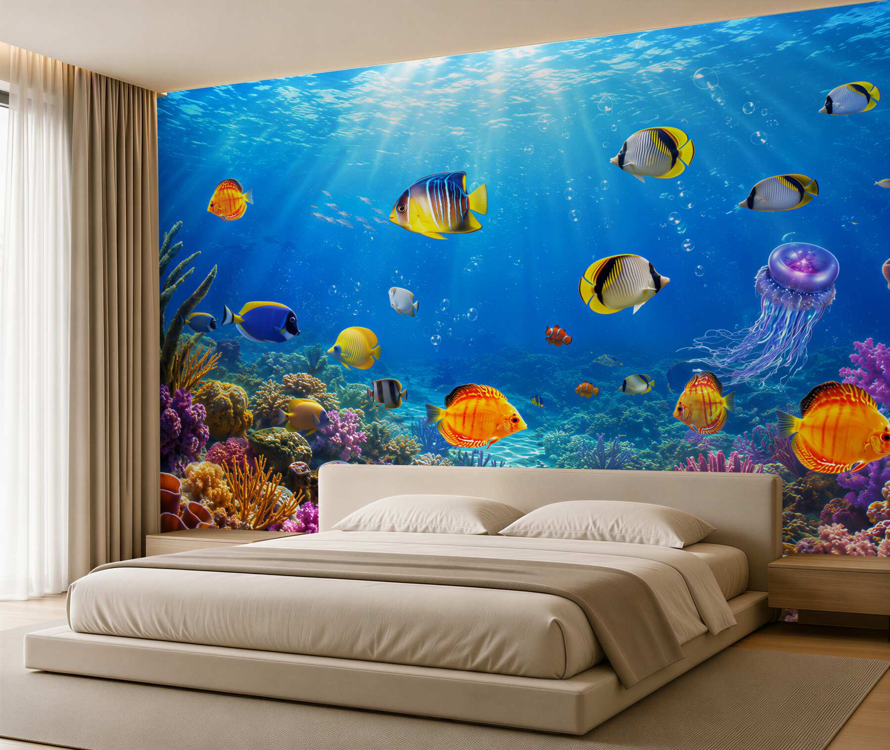 Fototapeten glänzende Fische im blauen Wasser