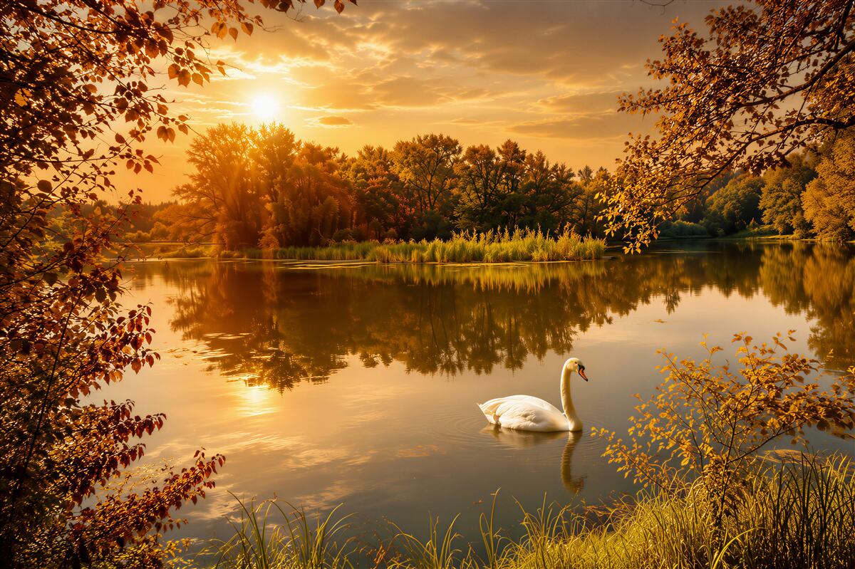 Fototapeten Sonnenstrahlen über einem See mit einem Schwan