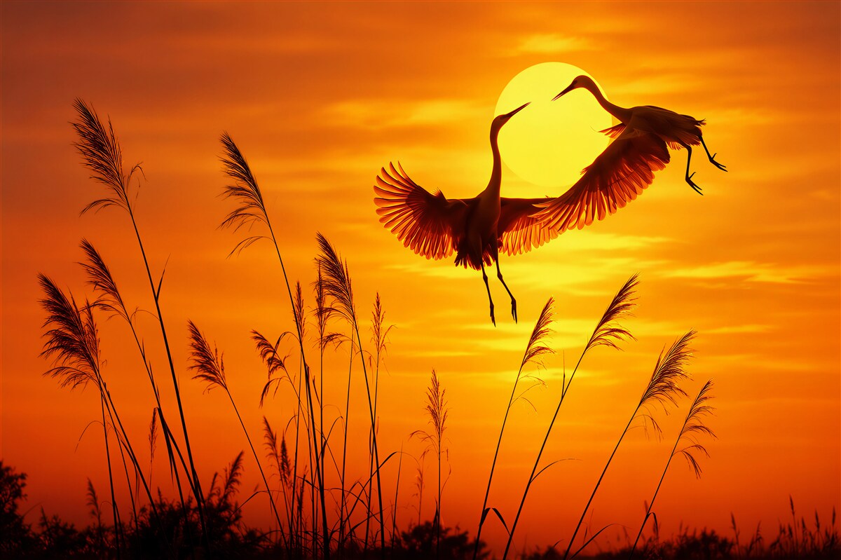 Fototapeten Kraniche beobachten den Sonnenuntergang