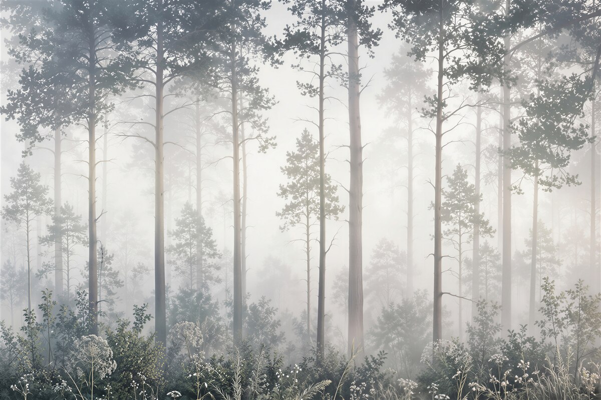 Fototapeten undurchdringlicher Nebel im Wald