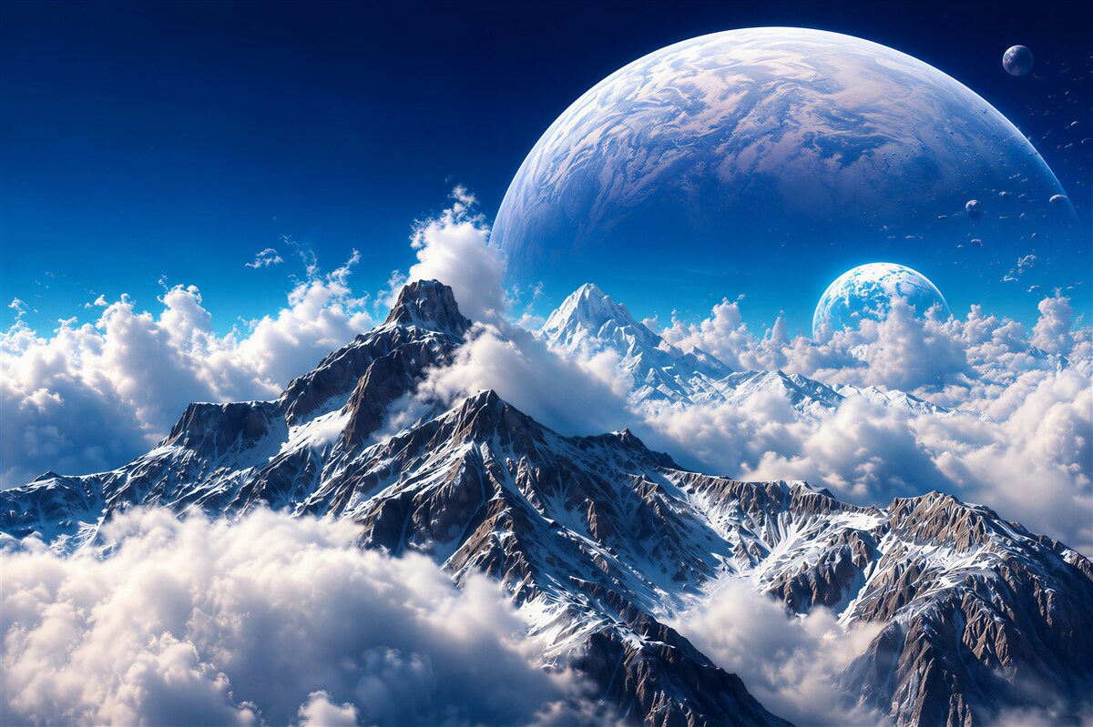 Fototapeten kosmischer Himmel über den Bergen in den Wolken