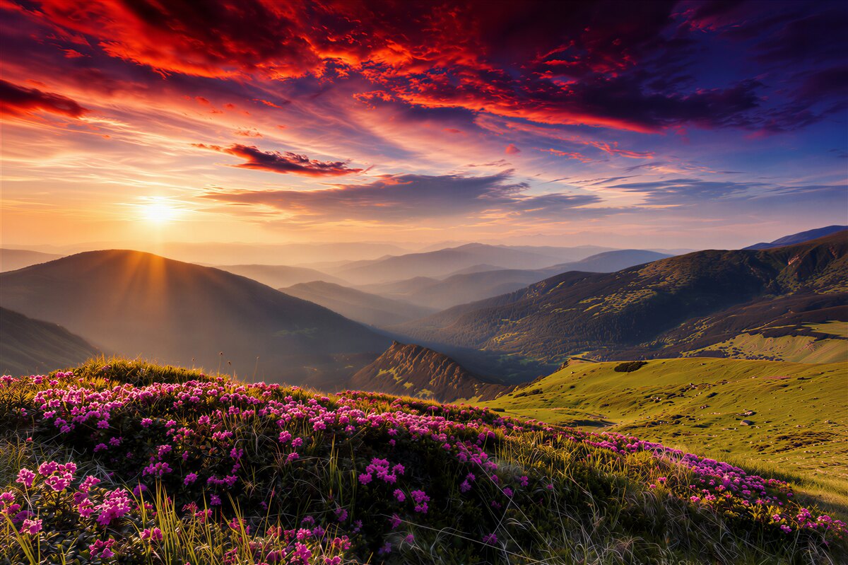 Fototapeten helle Blumen auf den Bergkuppen bei Sonnenaufgang