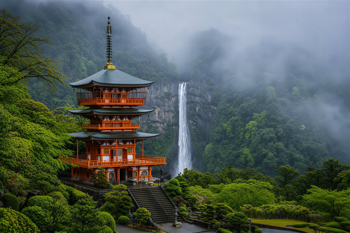 Fototapeten Wasserfall in einer japanischen Pagode