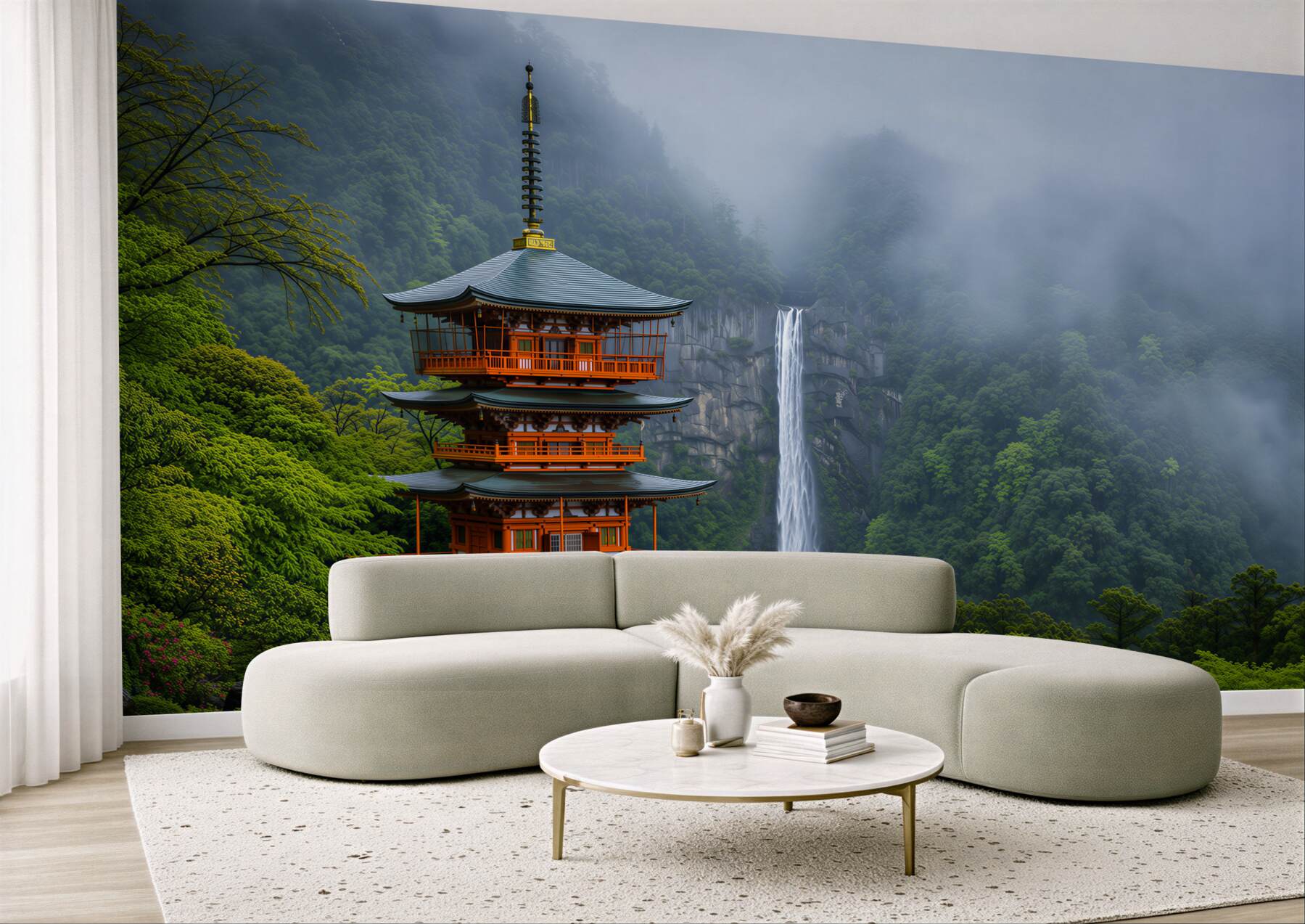 Fototapeten Wasserfall in einer japanischen Pagode