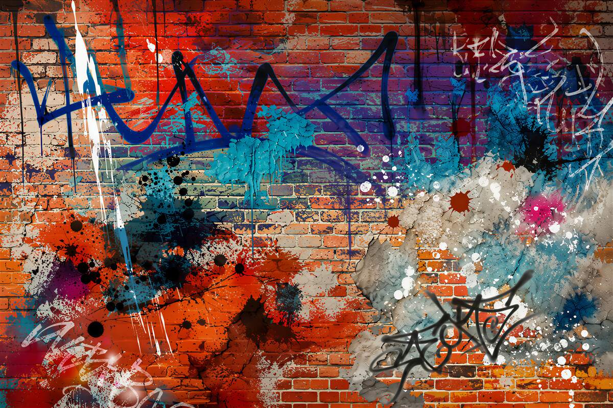 Fototapeten mehrfarbiges Graffiti auf rotem Ziegel
