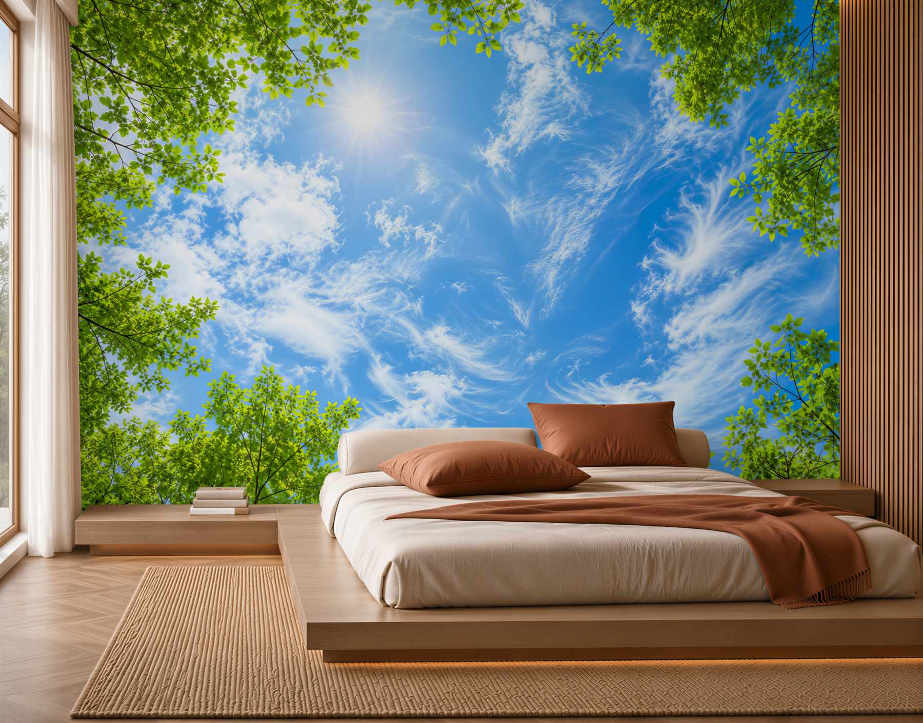 Fototapeten blauer Himmel und Sonne umgeben von Grün