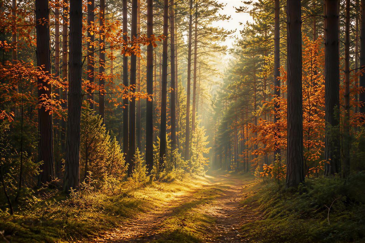 Fototapeten Sonne im Herbstwald