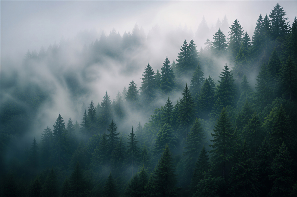 Fototapeten Morgen in einem nebligen Kiefernwald