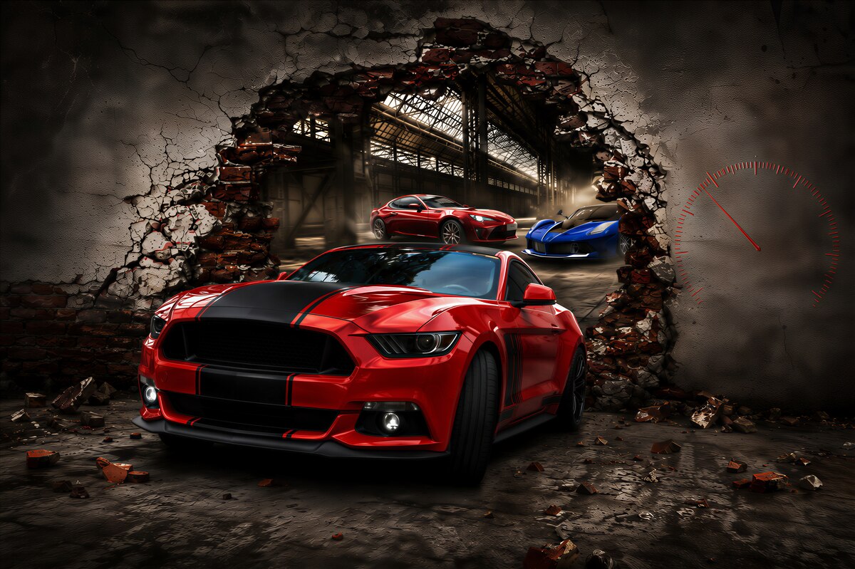 Fototapeten rotes Auto an der Wand